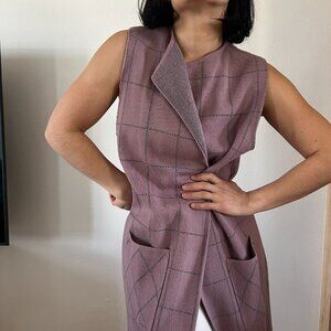Rain windowpane checker open front knit long vest purple pockets classic Medium